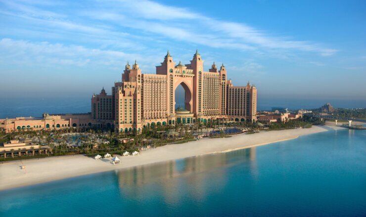Shot of Atlantis, the Palm, surrounded by beautiful sea water on a summer day